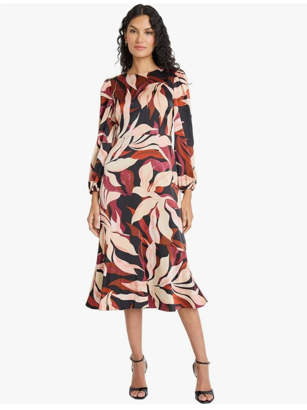 NWT Maggy London Cherise Dress Black and Blush Leaf-Print A-Line Midi Dress
